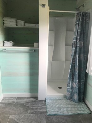 Hair dryer, towels, soap, shampoo