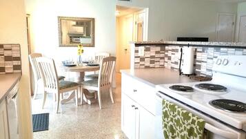 Coffee/tea maker, fridge, microwave, oven
