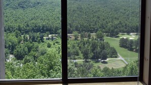 Une vue depuis une fenêtre donnant sur une zone boisée avec un terrain de golf.
