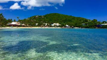 On the beach, sun-loungers, beach towels