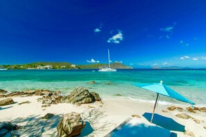 On the beach, sun loungers, beach towels - Paradise At A Great Price, Amazing Renovated Waterfront Escape: Private Balcony! (St. Thomas)