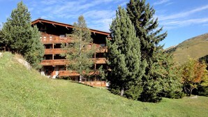 A multi-story wooden building with balconies, surrounded by trees and a grassy hillside. - Quiet studio with balcony, parking and pets allowed (Méribel)