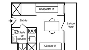 A floor plan of a hotel named MONT VALLON 34, featuring a lit bar, a dining area, a kitchen, and a balcony.