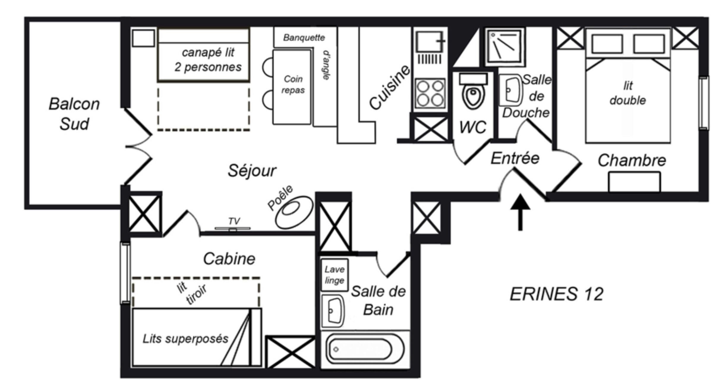 A hotel floor plan with a balcony, a sitting area, a TV room, a bathroom, a dining area, and a kitchen.