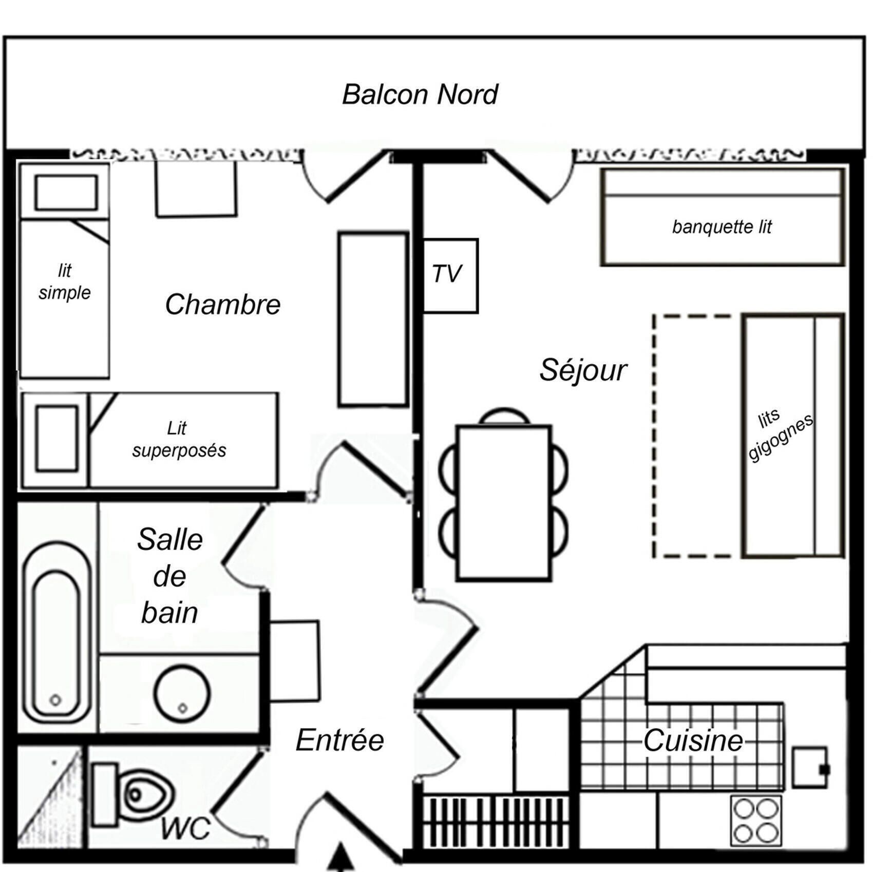A hotel floor plan with a balcony, a TV, a TV room, a sitting area, a kitchen, a bathroom, and a simple room.