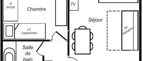 A hotel floor plan with a balcony, a TV, a TV room, a sitting area, a kitchen, a bathroom, and a simple room.