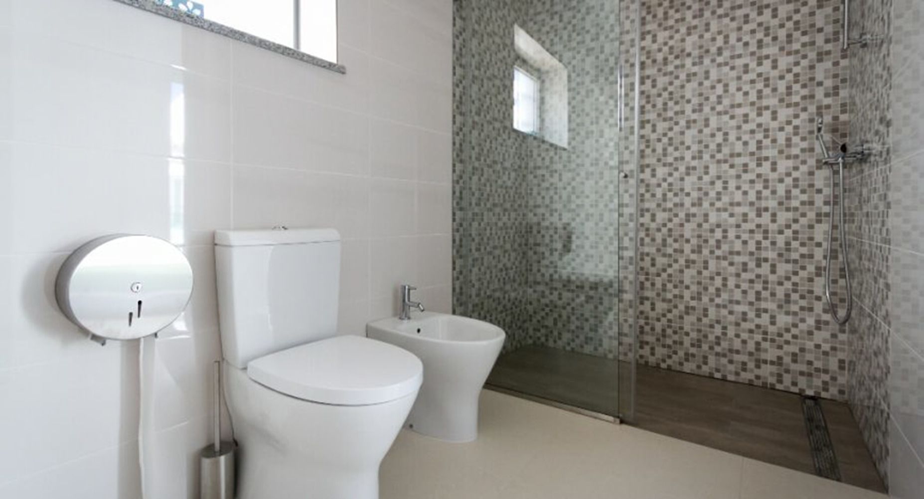 A modern bathroom with a toilet, bidet, and glass shower enclosure.
