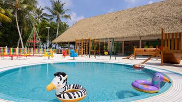 Outdoor pool, pool umbrellas, pool loungers