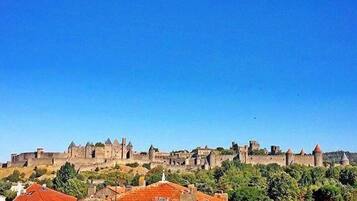 A historic castle on a hill with traditional buildings in the foreground.