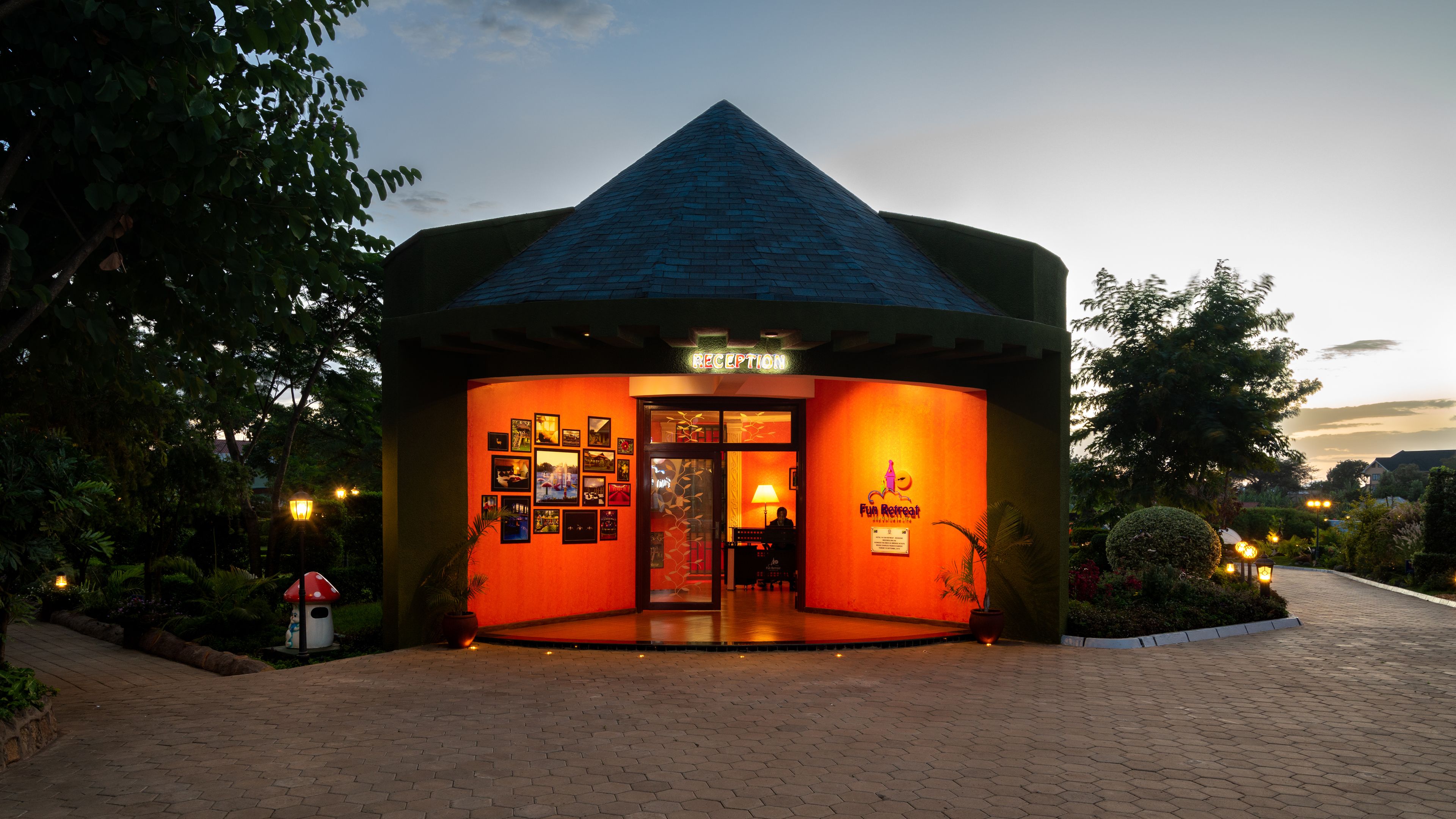 A reception area with a sign reading "Reception" and "Fun Retreat."