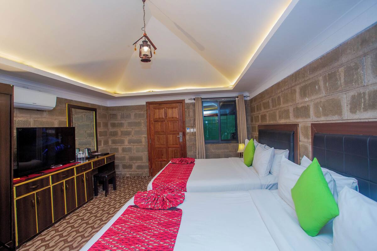 A hotel room with a TV, a desk, a bed with pillows, and a wooden door.