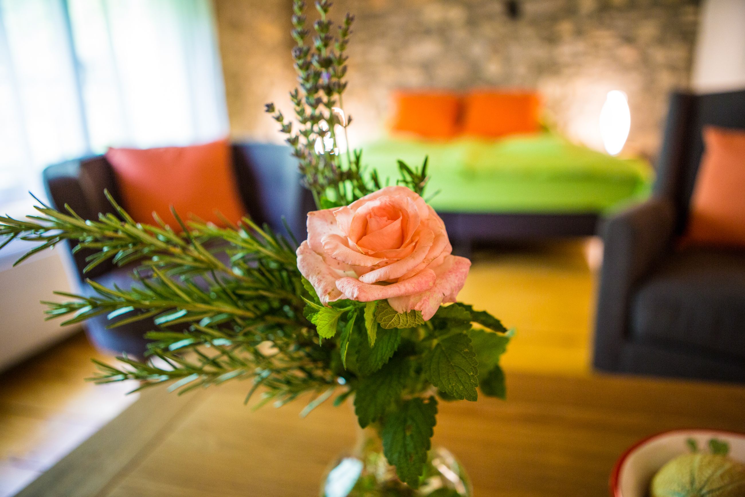 A rose in a vase on a table in a room with a green couch and orange cushions in the background.