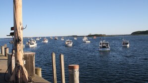 Un puerto deportivo con varias embarcaciones amarradas a muelles de madera.