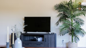 A modern living room with a flat-screen TV on a dark wooden stand, a large potted plant, and a wooden coffee table with decorative items.