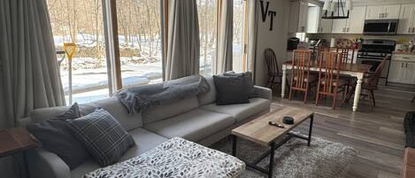 Smart TV, chimenea, reproductor de DVD, libros