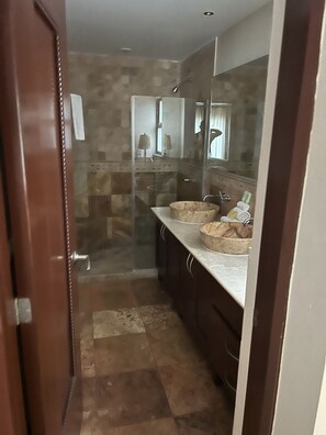 Shower, hair dryer, towels