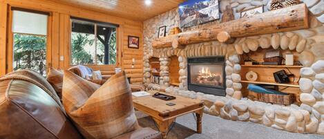 Smart TV, chimenea, libros