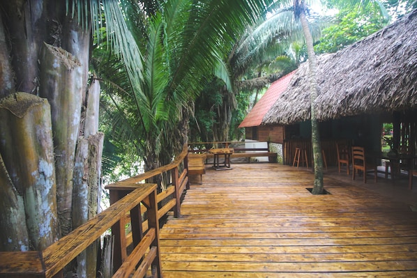 A wooden deck with benches and tables, surrounded by lush greenery and a thatched-roof structure. - Cohune Palms River Cabanas (San Ignacio)