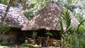 A thatched-roof structure with a wooden deck, surrounded by tropical vegetation. - Cohune Palms River Cabanas (San Ignacio)