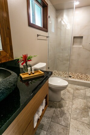 Shower, hair dryer, towels, soap - Oceanfront Orchid Room - Hilo Beach House Inn  (Hilo)