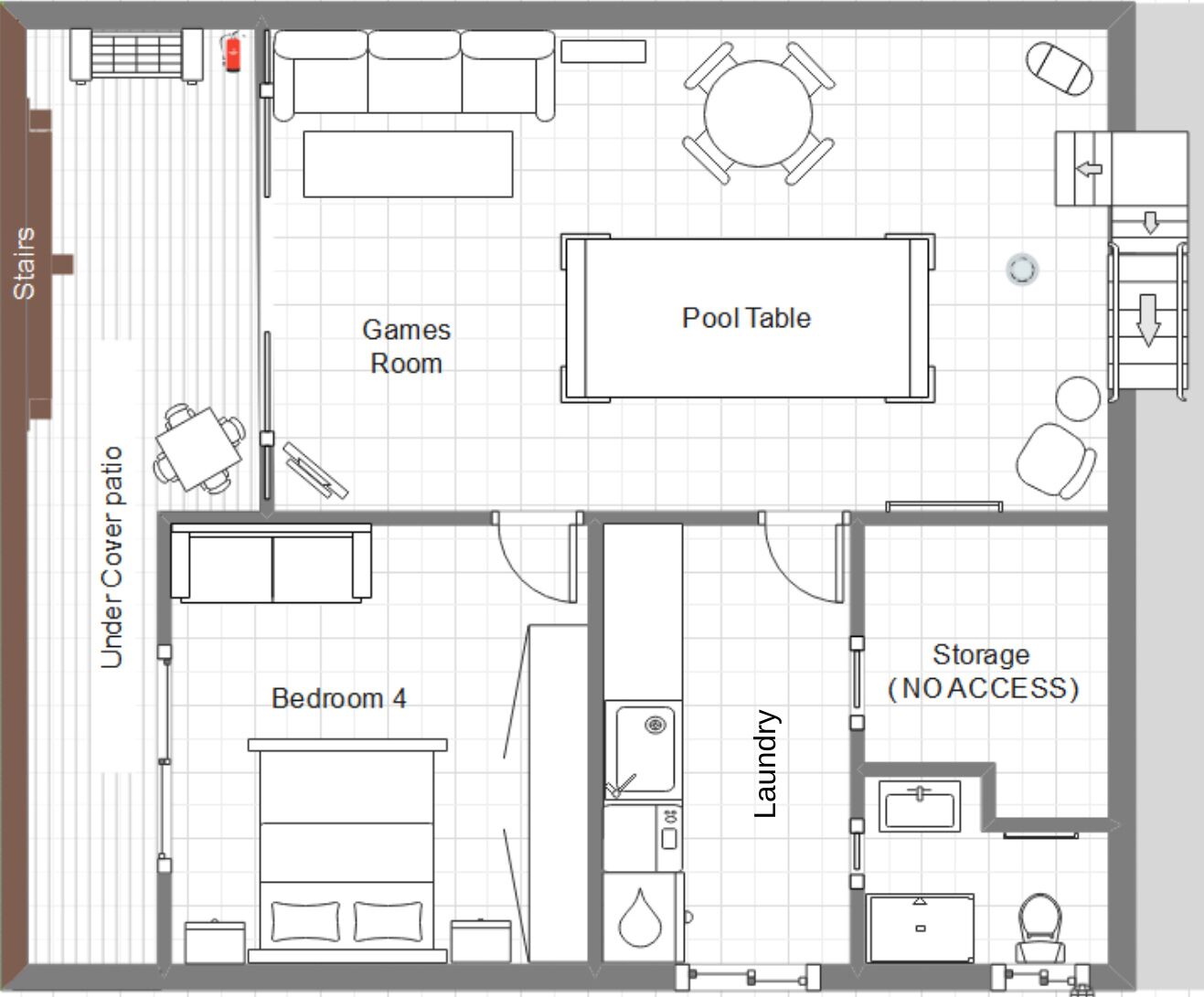 Ein Grundriss eines Hotelzimmers mit Spielzimmer, Billardtisch, Schlafbereich, Waschküche und Abstellraum.