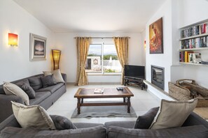 TV, fireplace, DVD player, books