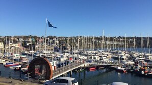 Un puerto deportivo con numerosos barcos amarrados, un puente y un cielo azul despejado.