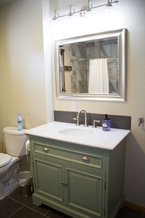 Combined shower/bathtub, jetted bath, hair dryer, towels