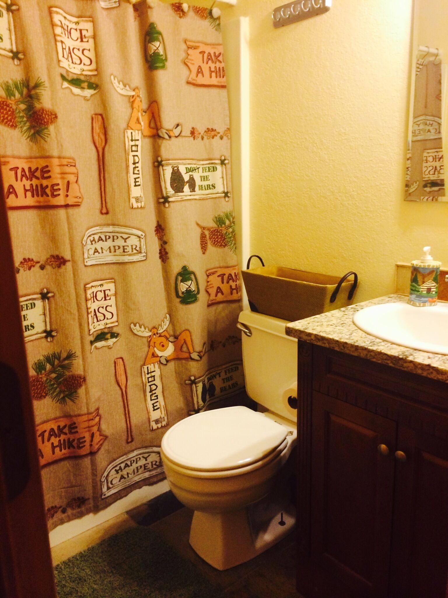 A bathroom with a toilet, sink, and a shower curtain featuring outdoor-themed designs.