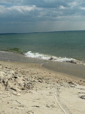 A beach with footprints and shells, calm water, and a distant shoreline.