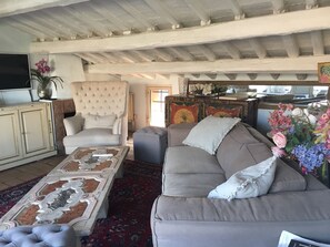 Televisión, chimenea y libros 