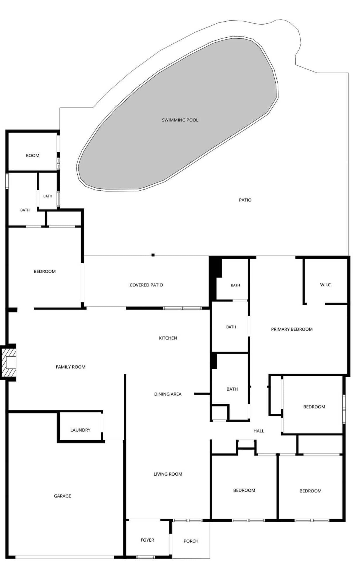 Een plattegrond met een zwembad, overdekt terras, keuken, eetruimte, gezinskamer, wasruimte, garage, hal en meerdere slaapkamers.