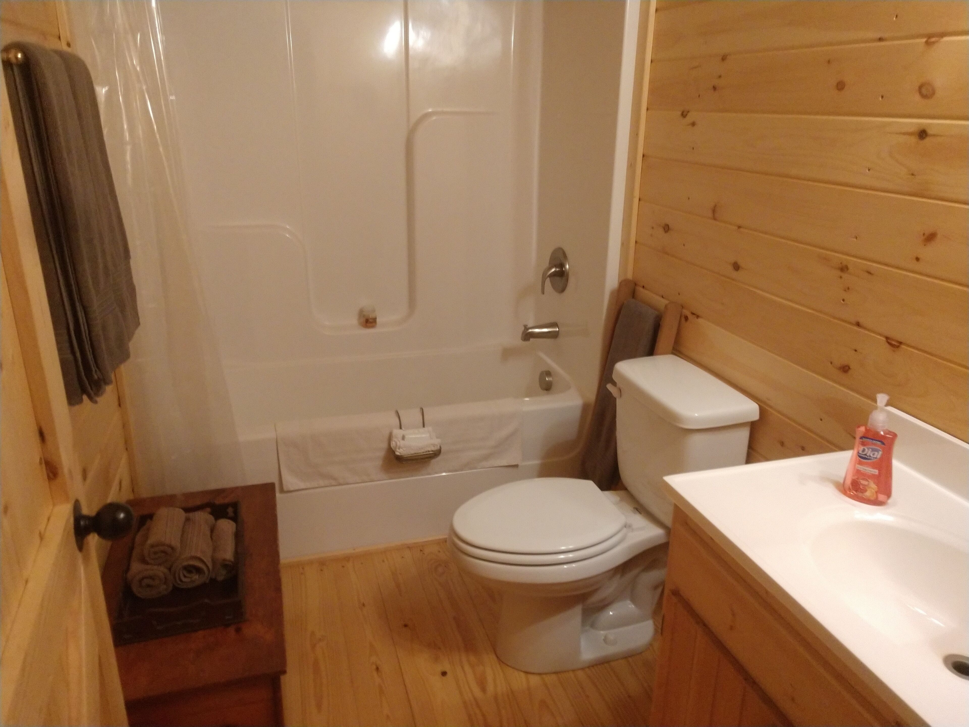 Duschwanne, Haartrockner, Handtücher, Seife