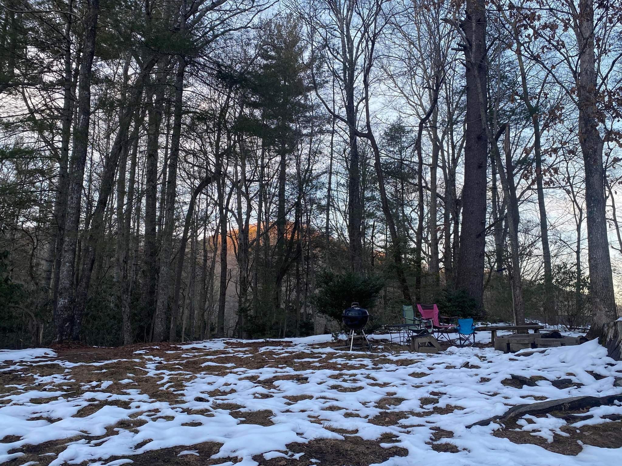 Uma área arborizada com neve no chão e uma churrasqueira em primeiro plano.