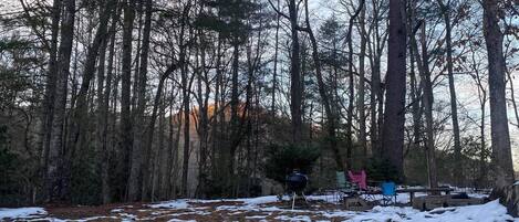 Uma área arborizada com neve no chão e uma churrasqueira em primeiro plano.