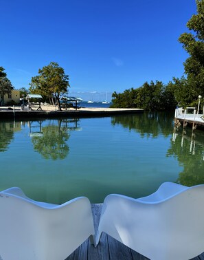 A calm waterfront view with a dock, boats, and a clear sky. - 5 bedroom - Deep Dockage & Heated Pool in Islamorada. (Islamorada)