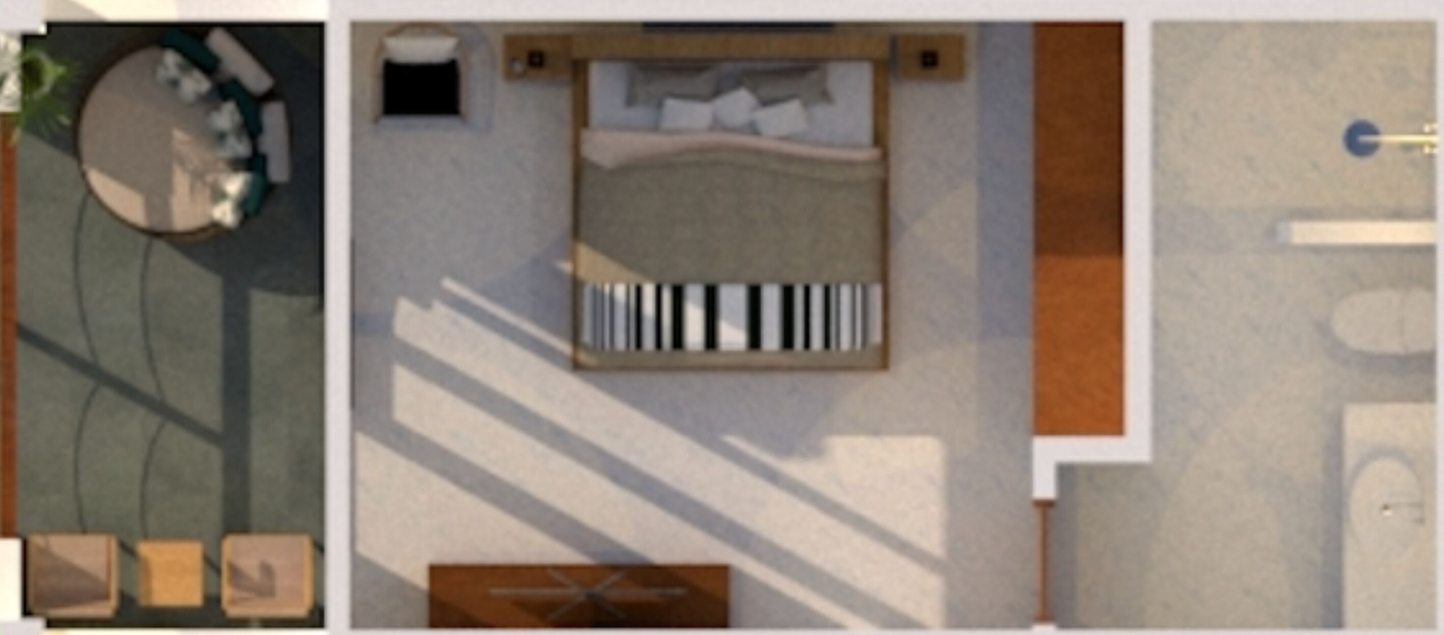 Een kamer met een bed, een tafeltje en een stoel.