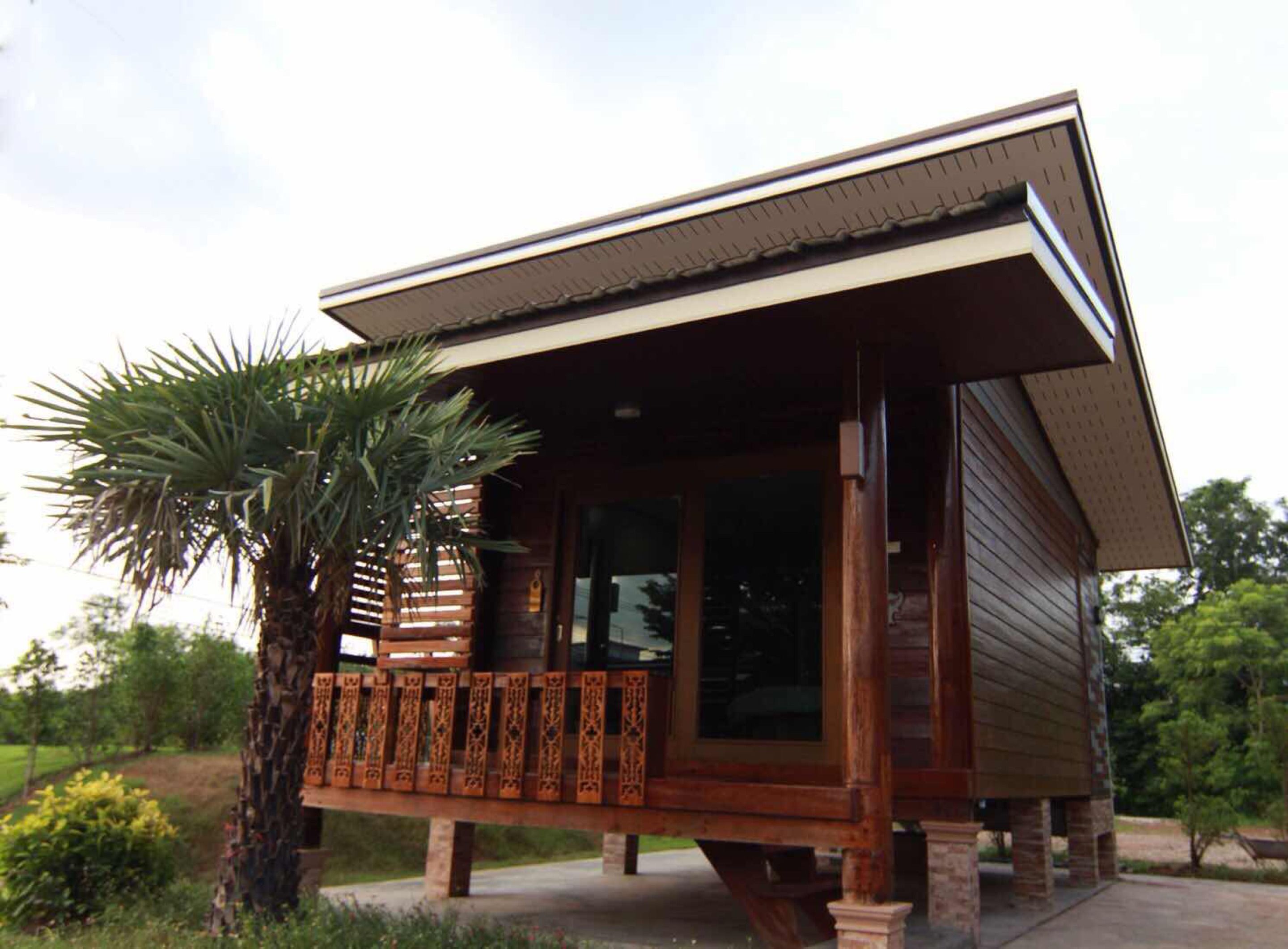 A wooden cabin with a porch, large windows, and a palm tree.