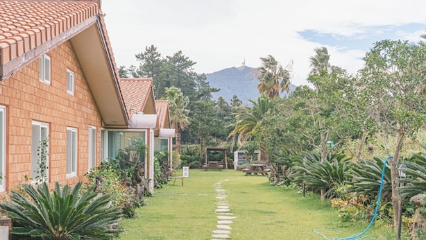 A pathway leading to a building with a tiled roof, surrounded by lush greenery and a mountain in the background. - Jeju Healing Resort (Jeju City)