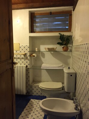 Combined shower/bathtub, towels