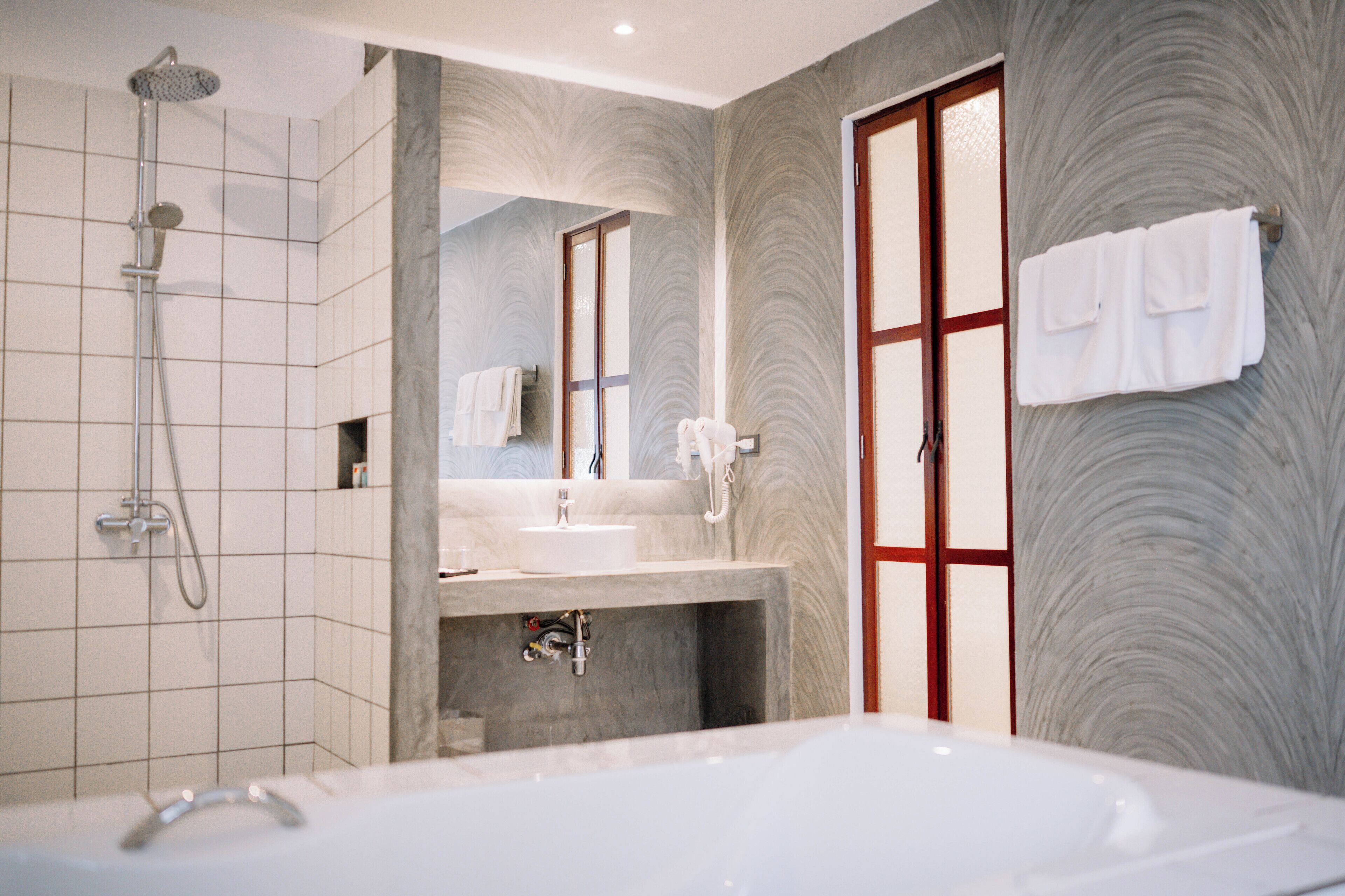 s 2 supper king bed | bathroom | shower, rainfall showerhead, hair dryer, bathrobes