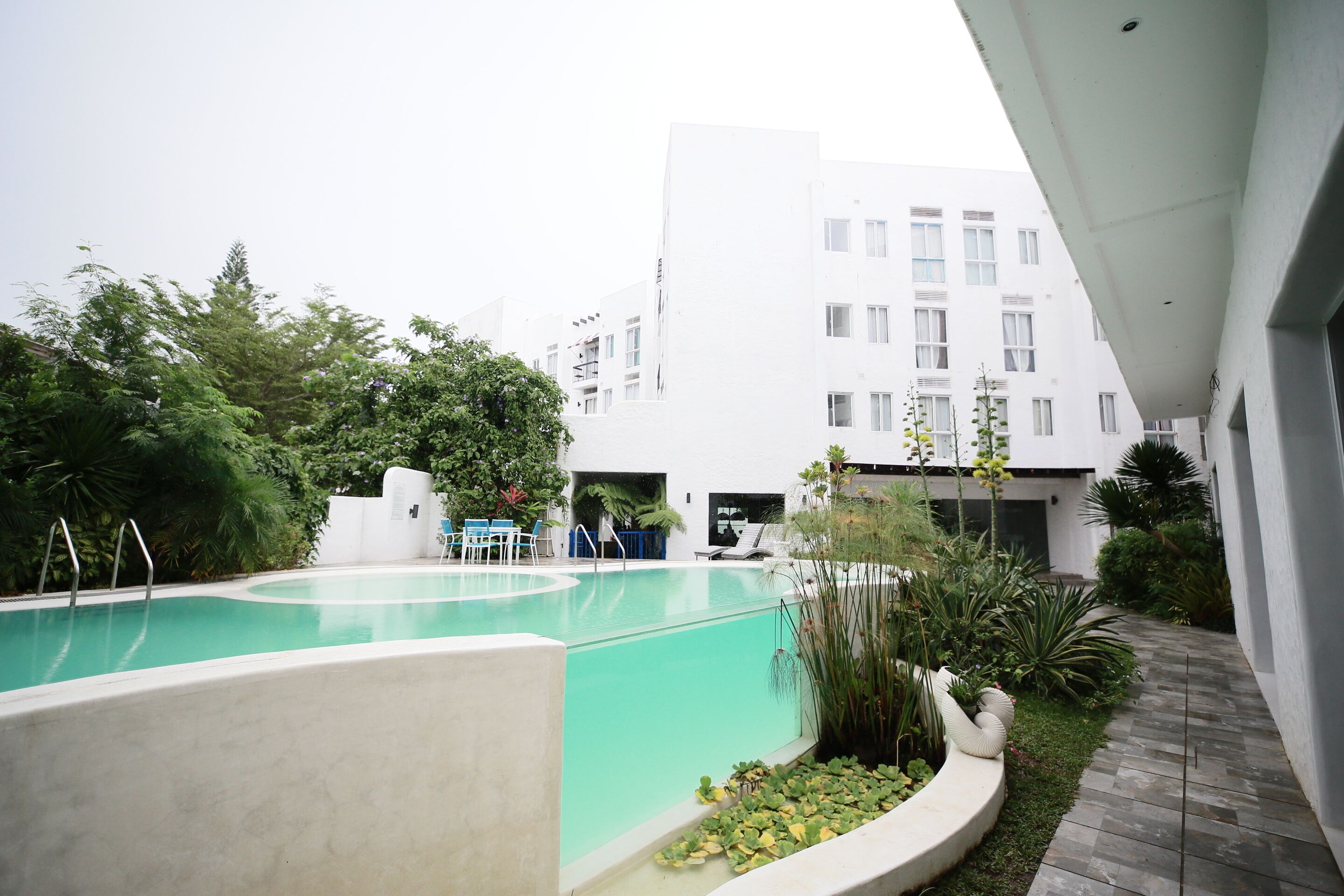 A swimming pool surrounded by greenery, with a white building in the background.