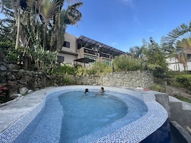 A swimming pool with mosaic tiles, surrounded by a stone wall and tropical plants.