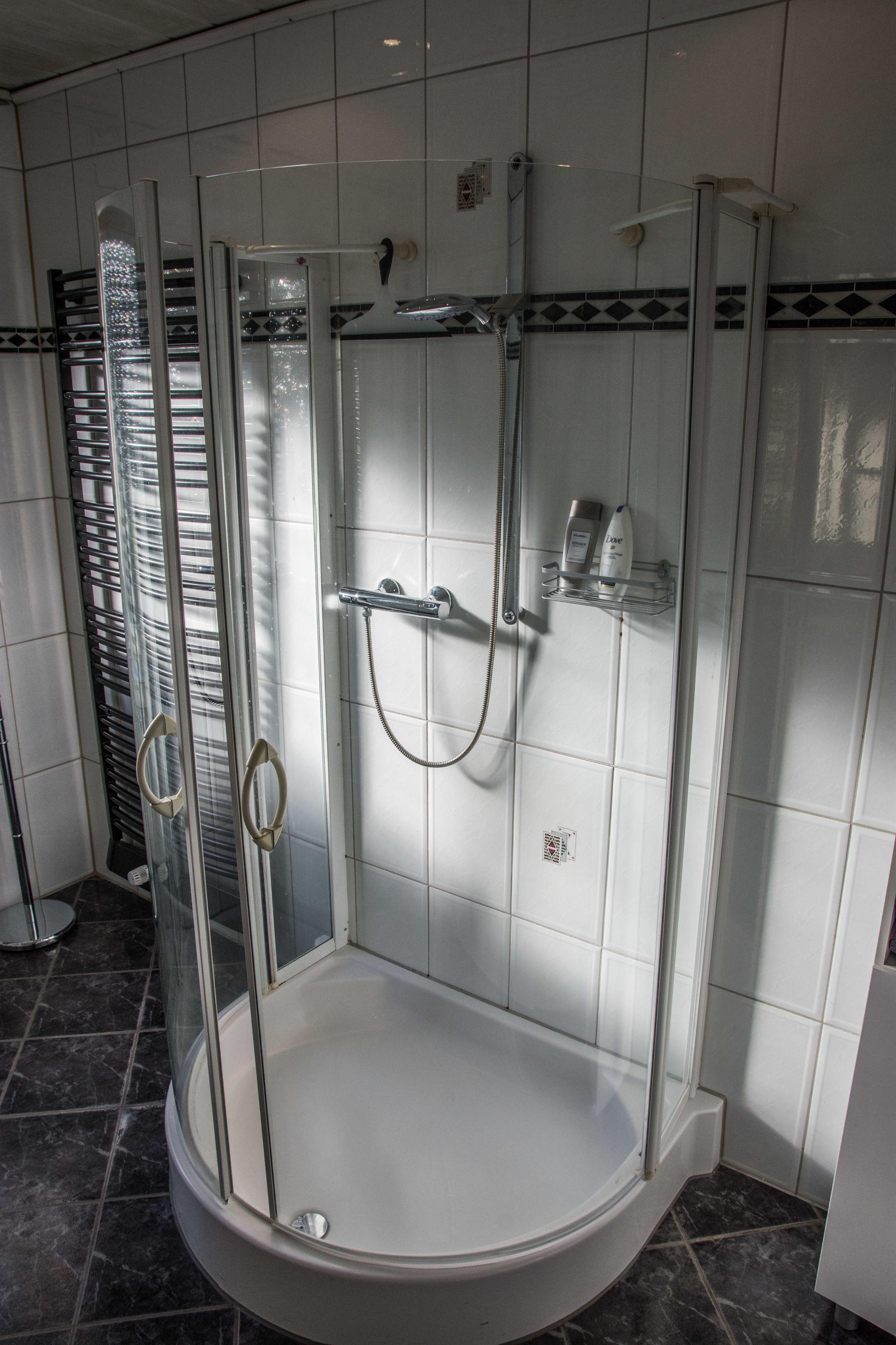 Eine Eckdusche mit Glastür, einer Handbrause und einem Ablagefach mit Pflegeprodukten.
