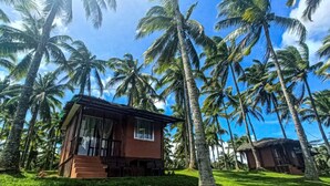 A small, single-story house with a porch, surrounded by lush green grass and tall palm trees under a clear blue sky. - Caliraya Ecoville Recreation and Farm Resort (Cavinti)