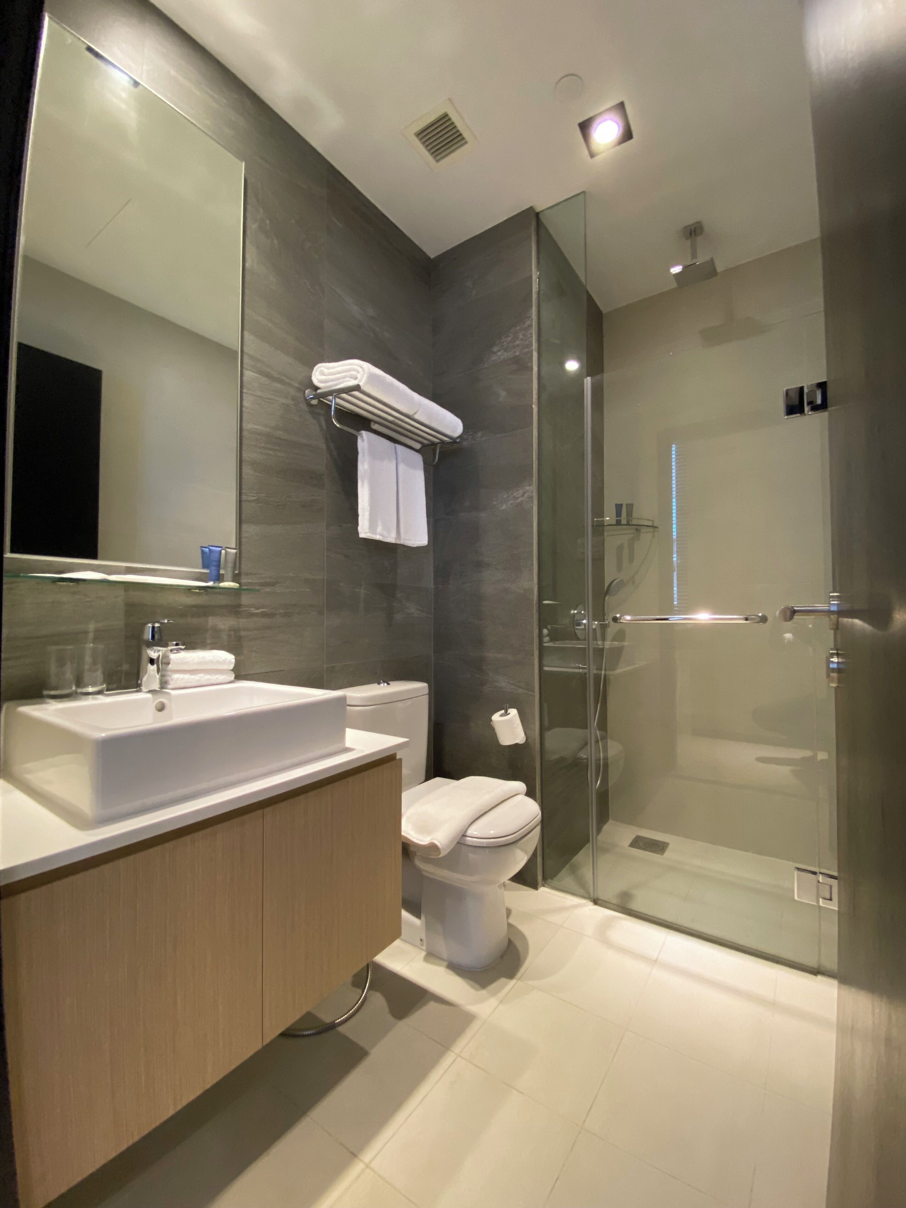 One Bedroom Premier with Balcony | Bathroom | Shower, free toiletries, hair dryer, towels