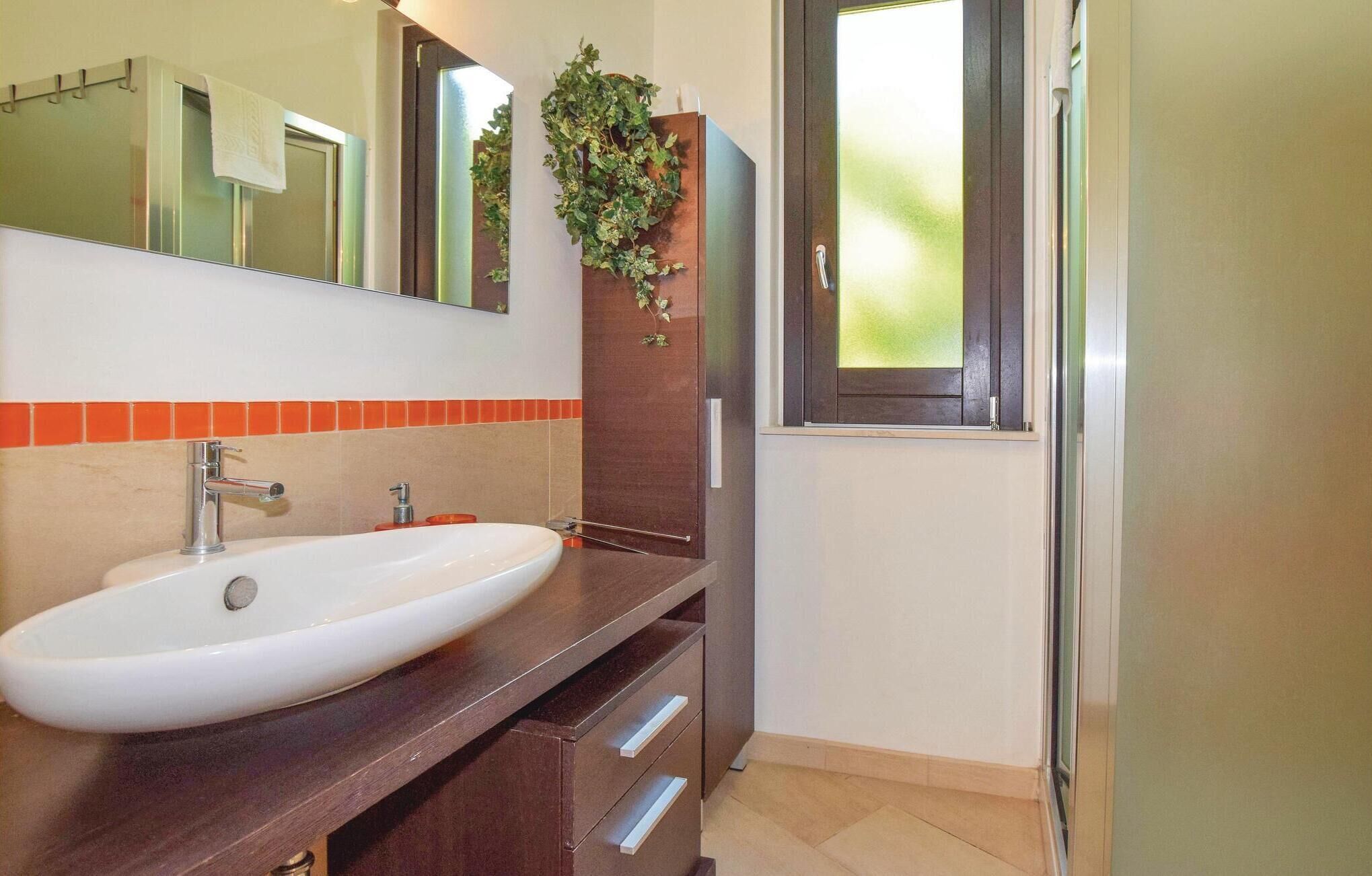 Une salle de bain avec un lavabo blanc, un miroir, un meuble-lavabo en bois, une fenêtre donnant sur un paysage et une plante accrochée au mur.