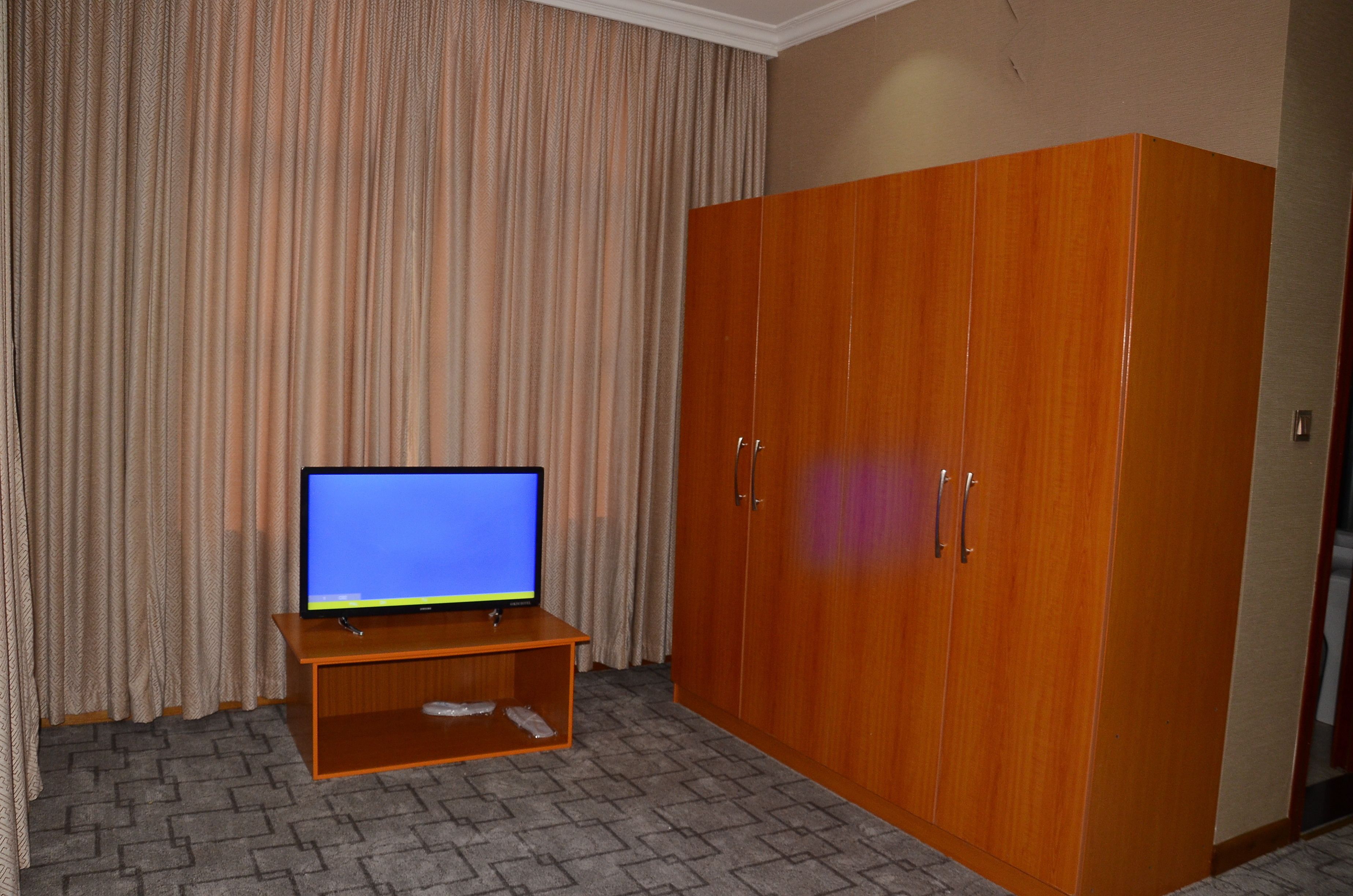 A room with a wooden wardrobe, a television on a wooden stand, and a patterned carpet.