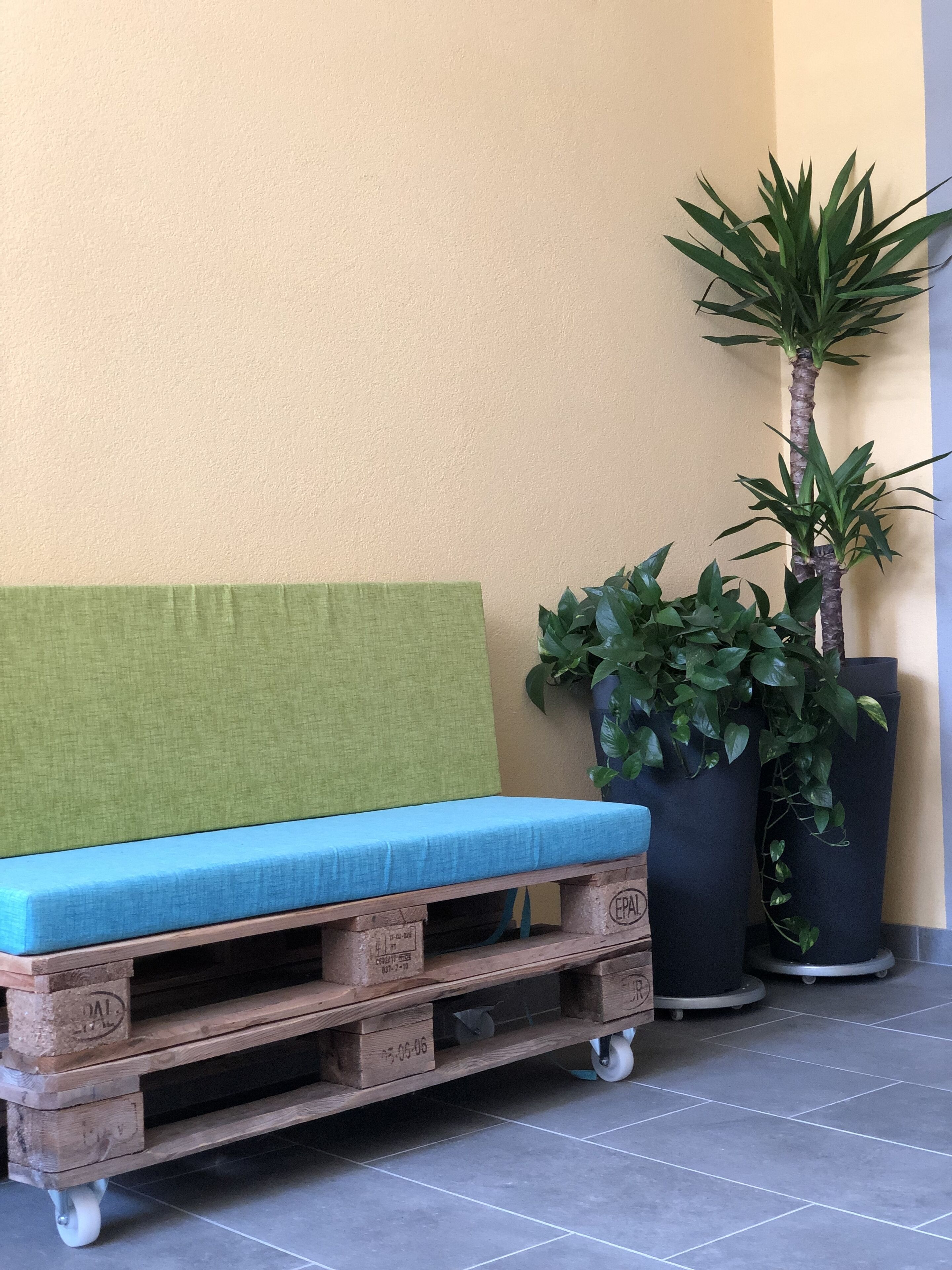 A wooden pallet bench with a green cushion and wheels, positioned against a wall with a potted plant beside it.