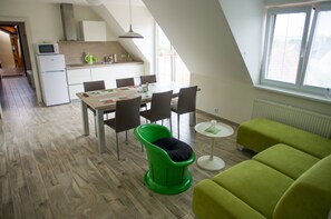 Apartment (3) | Private kitchen | Full-sized fridge, microwave, stovetop, electric kettle